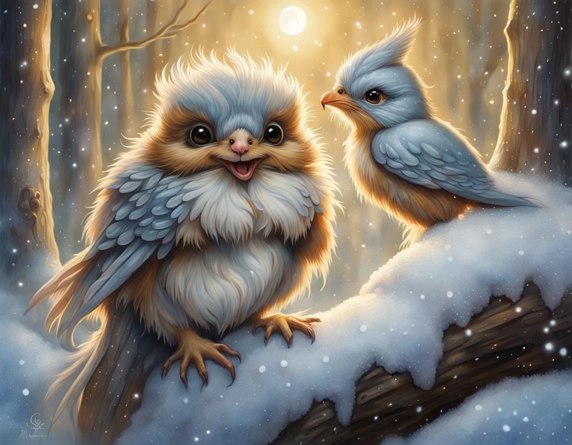 Adorable Squirrel-Bird in Winter Wonderland, Digital Art