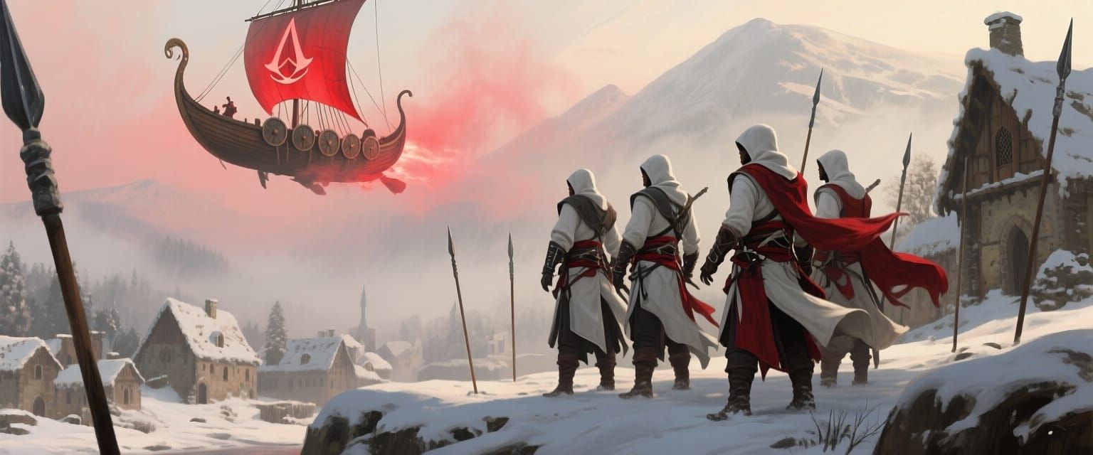 Assassins Creed Scene with Flying Viking Ship