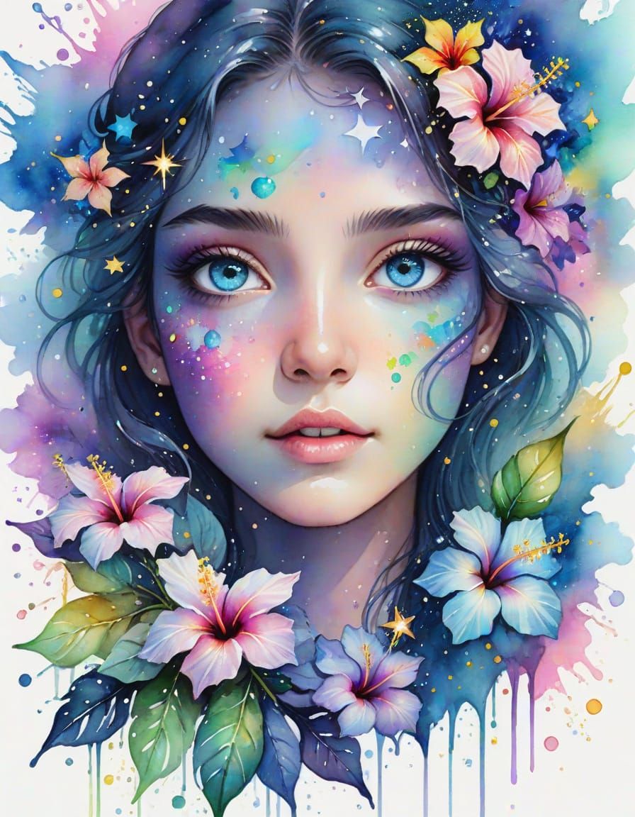 Opal Eye with Stars and Flowers in Watercolor