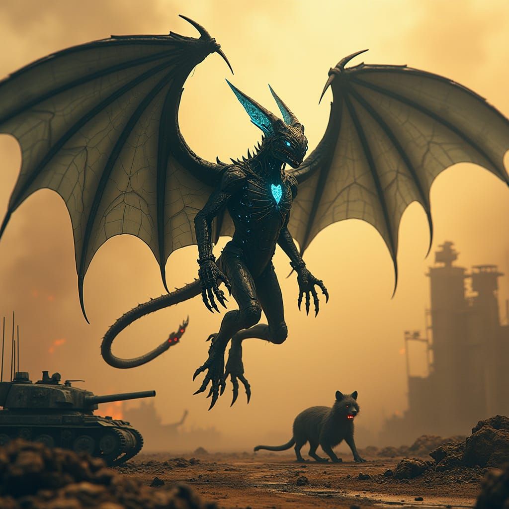 Cyber Gargoyle in Mid-Air Combat over Wasteland