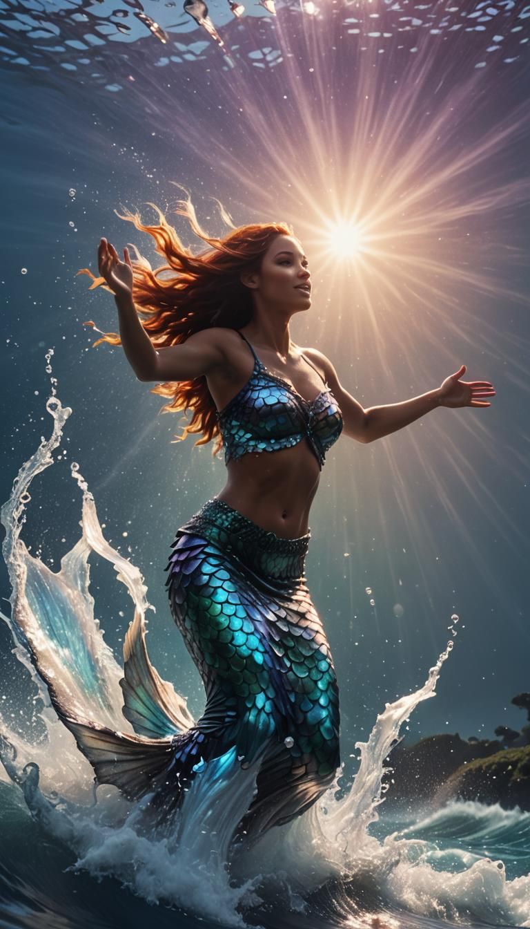 Mermaid Leaping from Ocean in Aquatic Fantasy