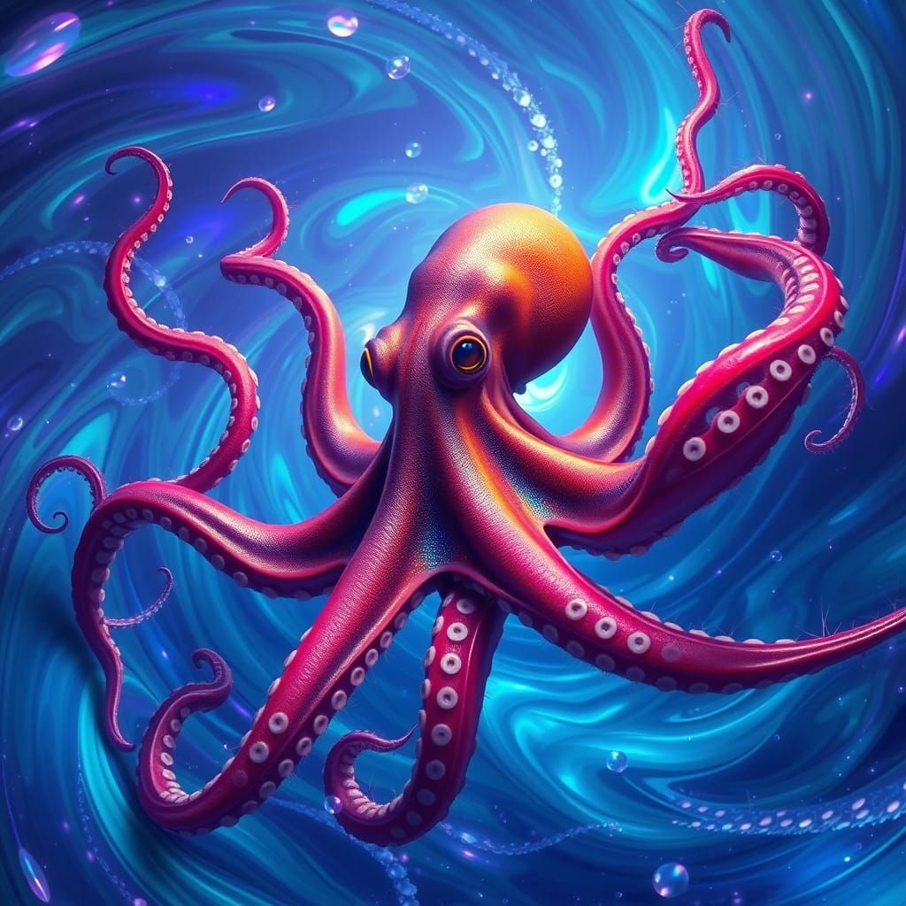 Majestic Octopus in a Swirling Vortex of Iridescent Blues an...