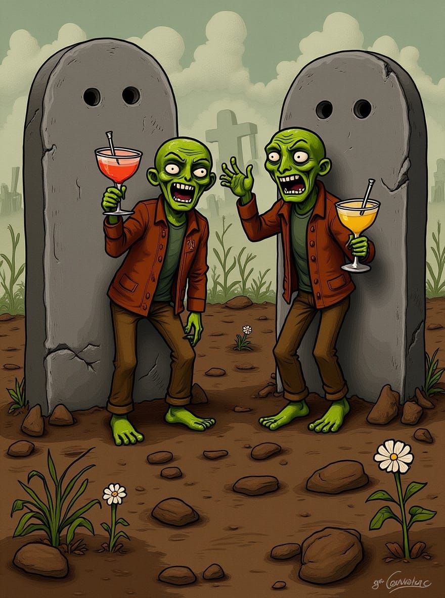 Smiling Zombies Emerge From Graves Holding Cocktails