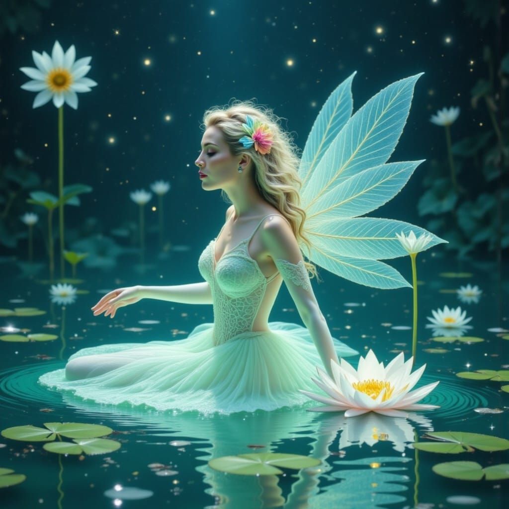 Luminous Water Fairy Emerges from Moonlit Lake
