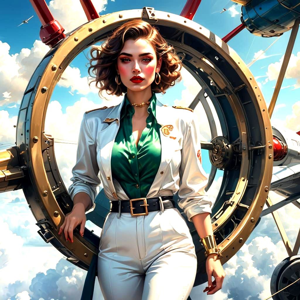 Smiling Woman with Airplane Wheel: Detailed Matte Painting