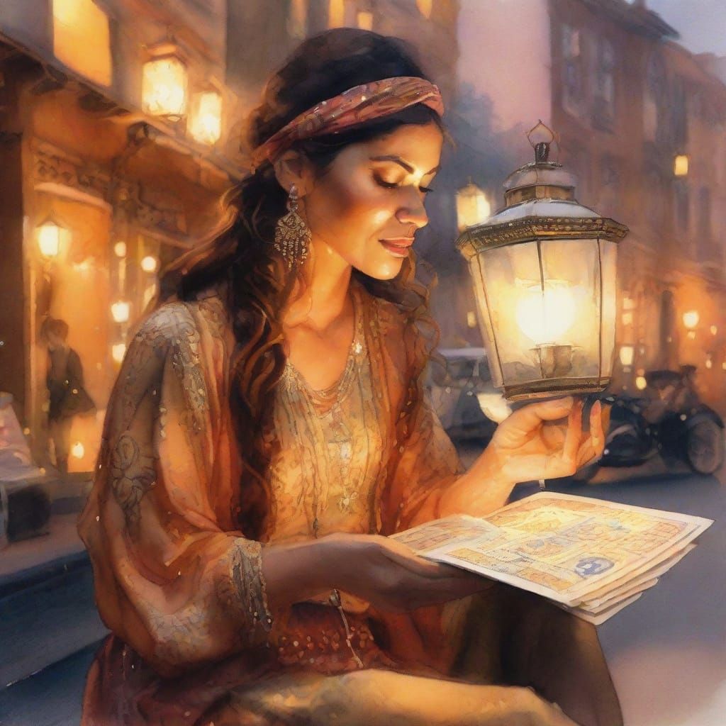 Watercolor Gypsy Fortune Teller in Afternoon Light