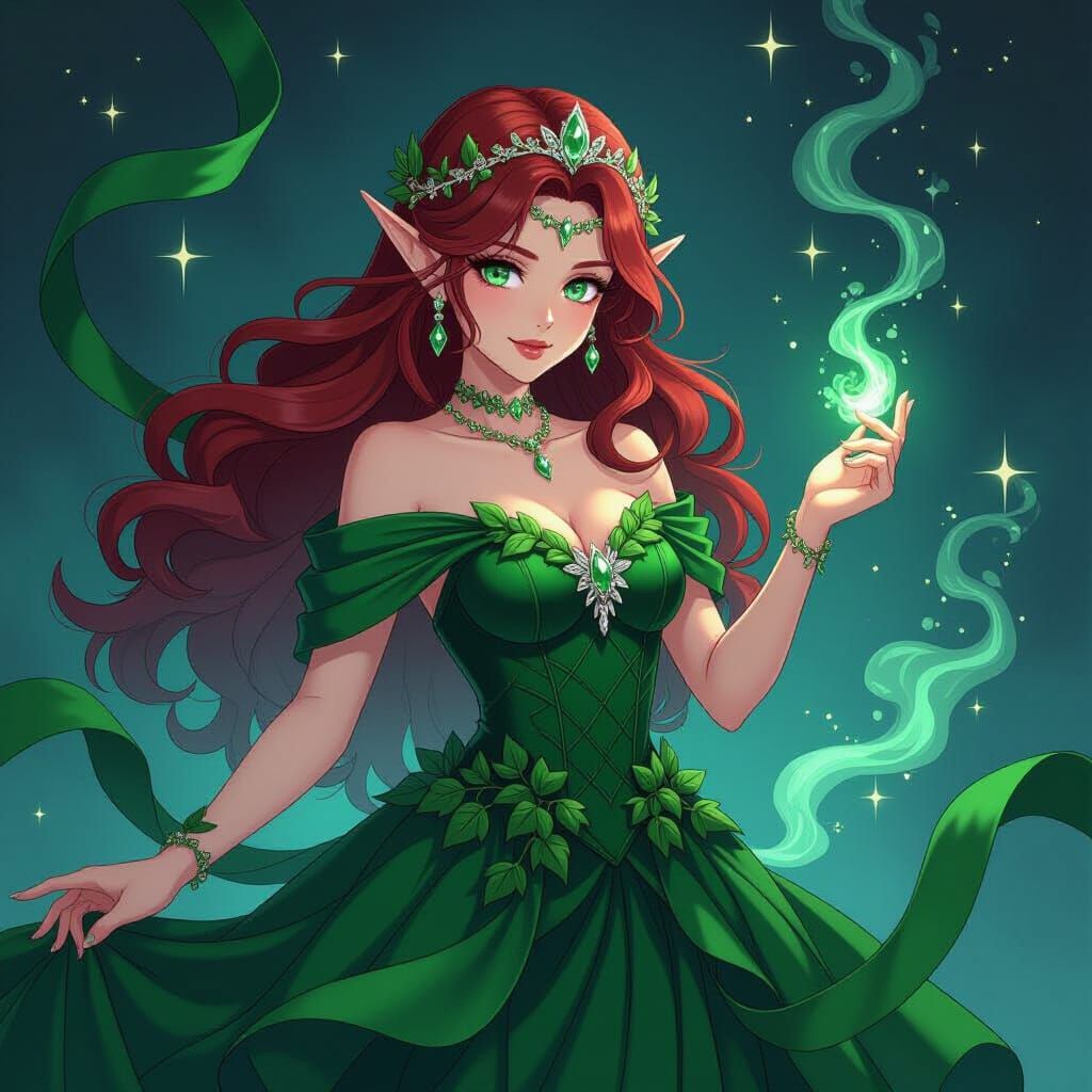 Emerald Elf Woman in Anime Style