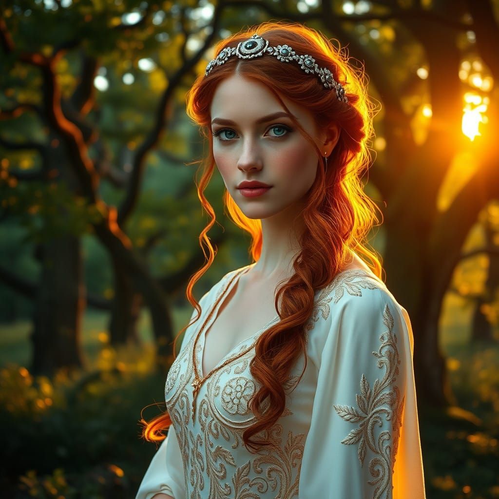 Regal Woman in Emerald Woodland, Digital Art