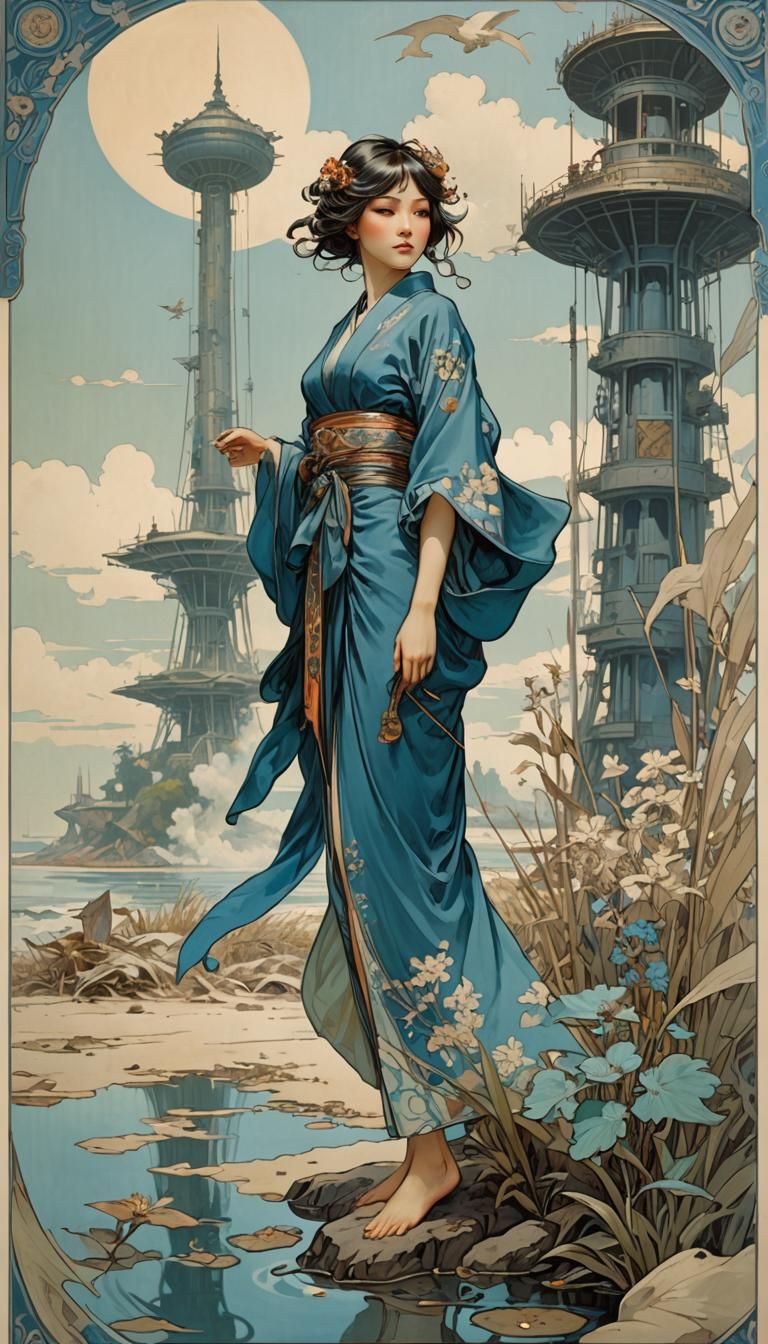 Woman in Kimono near Swamp, Alphonse Mucha Style
