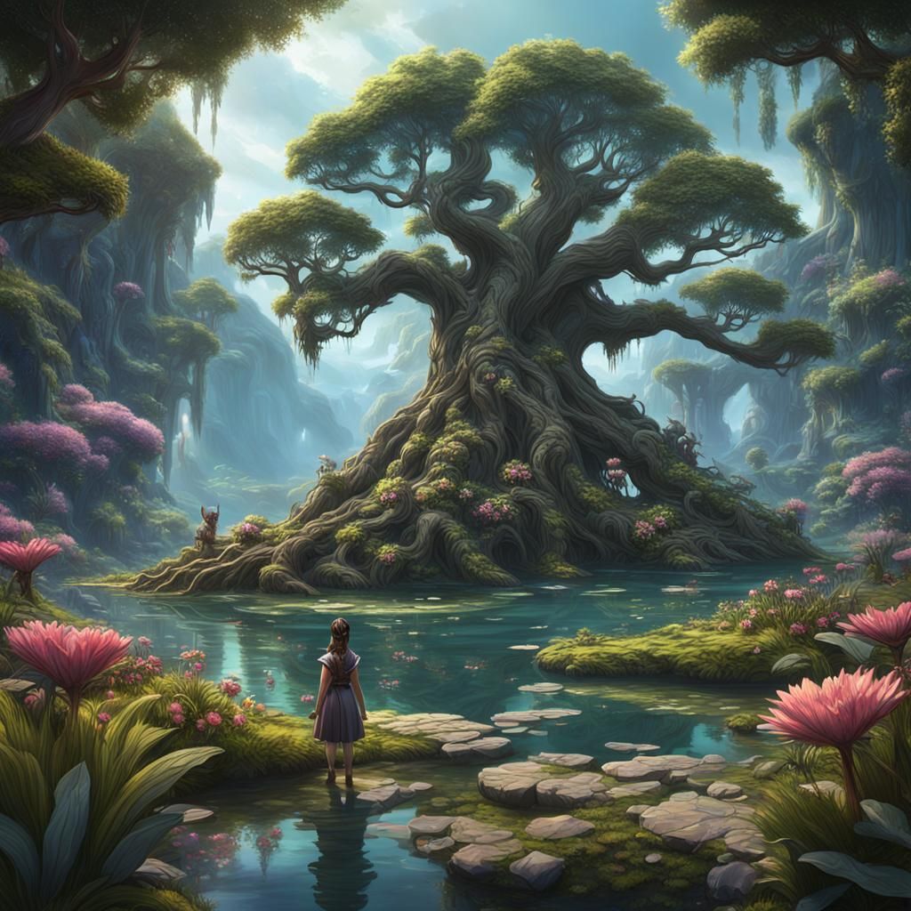 Prehistoric Girl Among Ancient Plants: Fantasy Concept Art