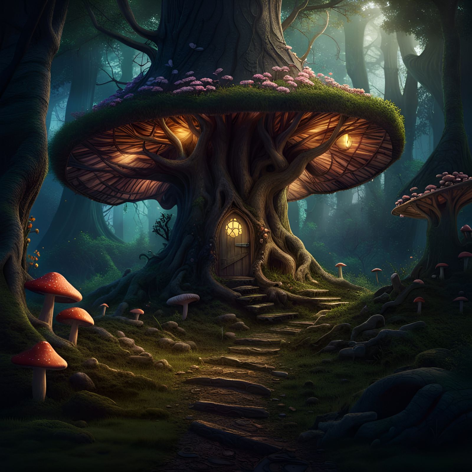 "Enchanted Forest"
Illustrate a dense forest with tall, winding trees, curious woodland creatures peeking out, and magi...