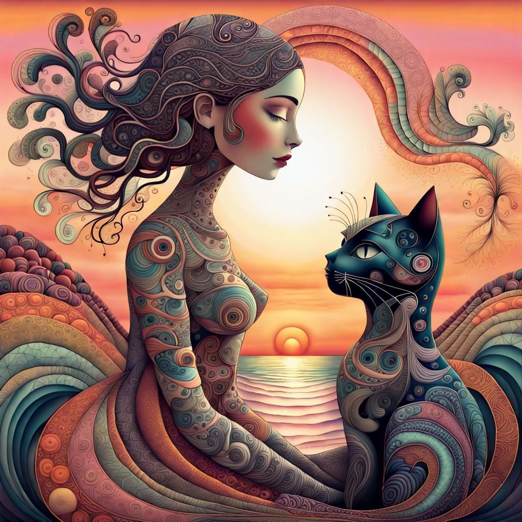 Dreamlike Woman and Cat-Woman in Art Brut Style