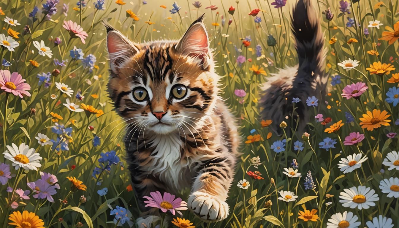 Kitten's Wildflower Meadow Adventure in Vibrant Travel Poste...