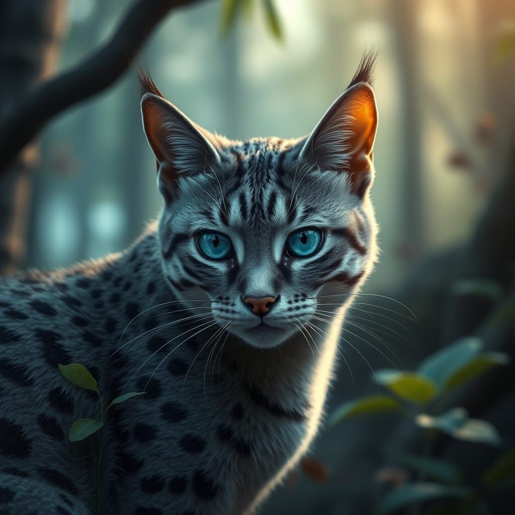 Fantastical Grey Cat amidst Forest Wonderlands in Stunning 8...