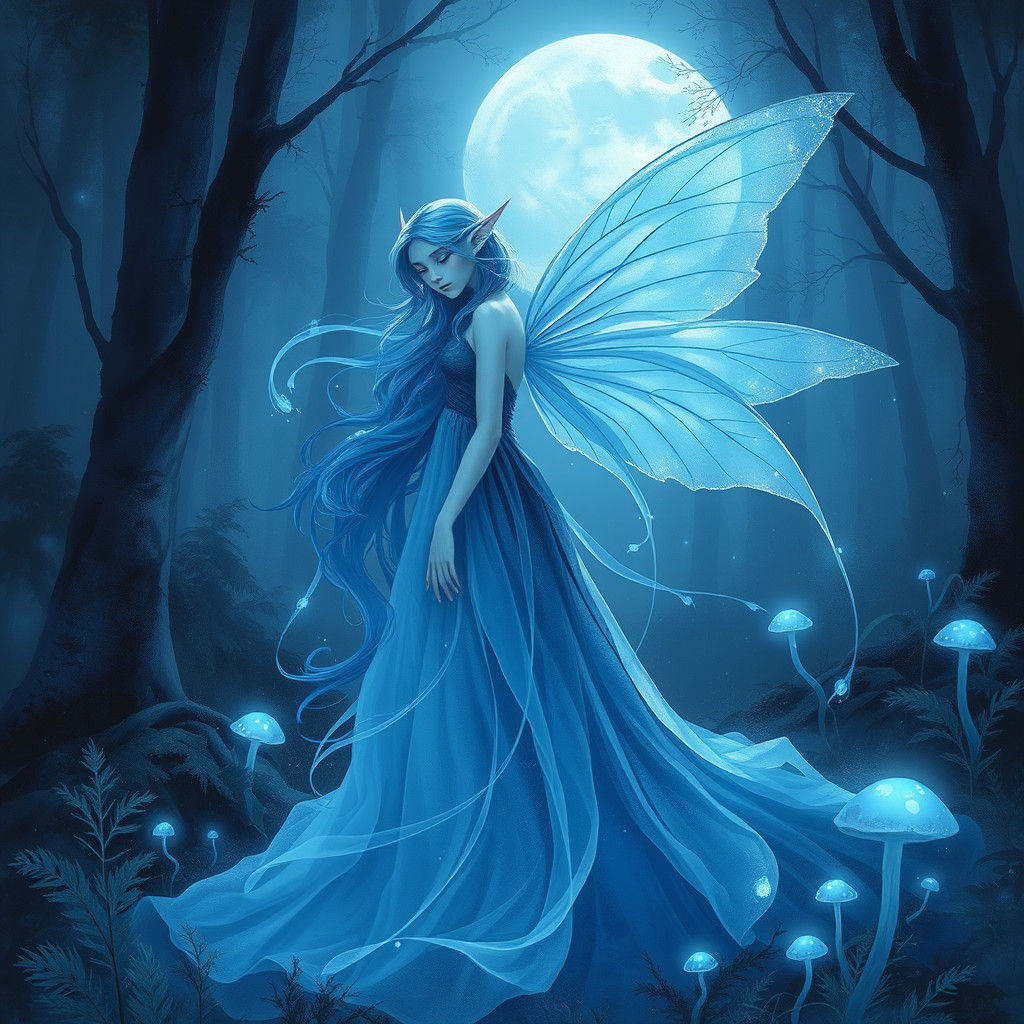 Ethereal Blue Fairy Elf in Moonlit Forest
