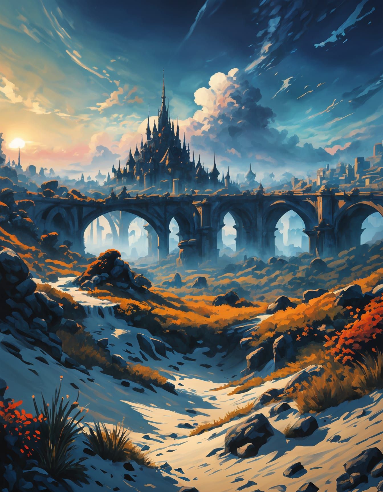 Psychedelic Desert City at Sunset in LSD Art Style