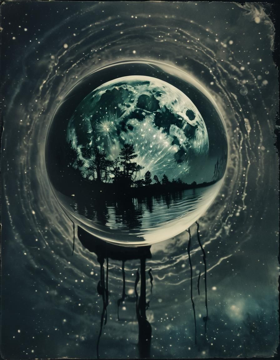 Psychedelic Moon Over Lake, Retro Polaroid Style