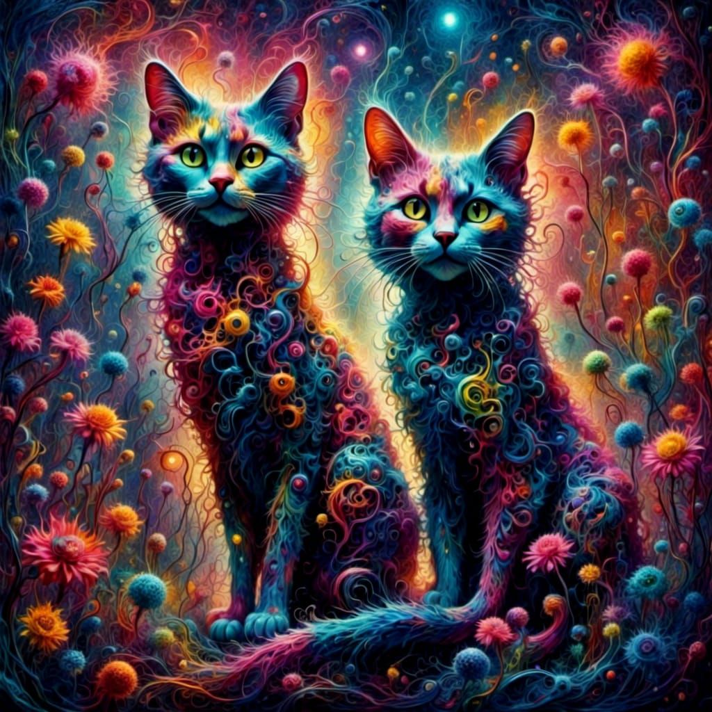 Psychedelic Hippie Cats Dancing in Moonlight