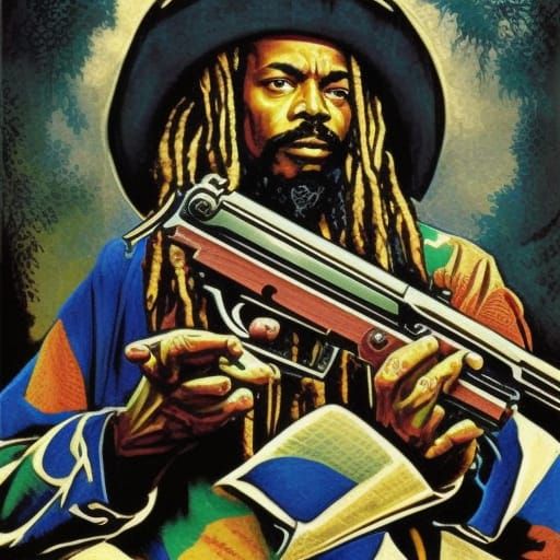 Rastafarian with Gun in Horror Engraving Style