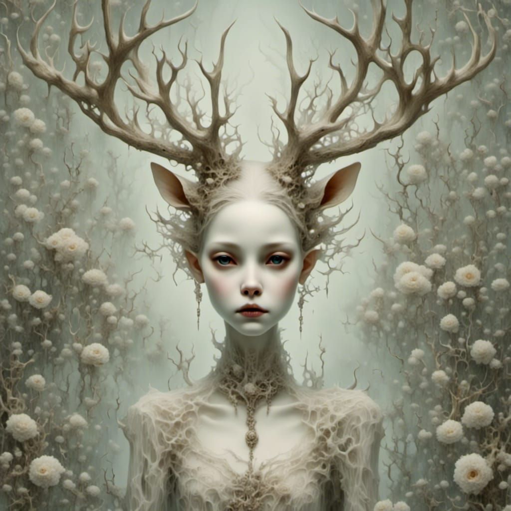 Surreal Deer Girl Portrait in Watercolor Style