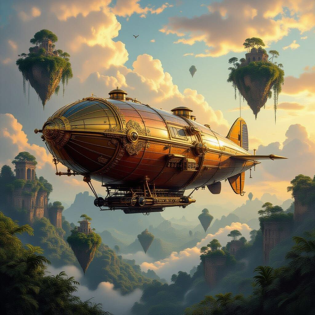 Steampunk Airship Over Floating Ruins in Dieselpunk Style