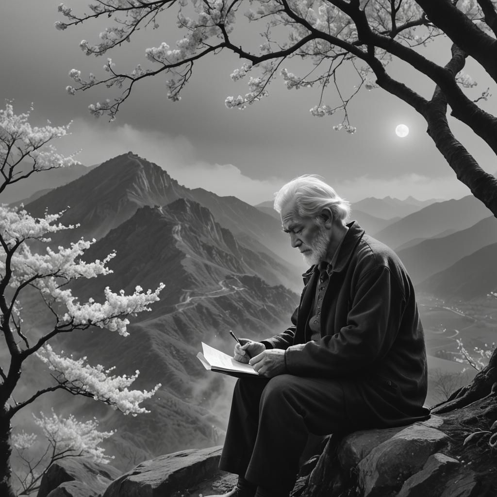 Nostalgic Old Man Reading Letter on Misty Mountain
