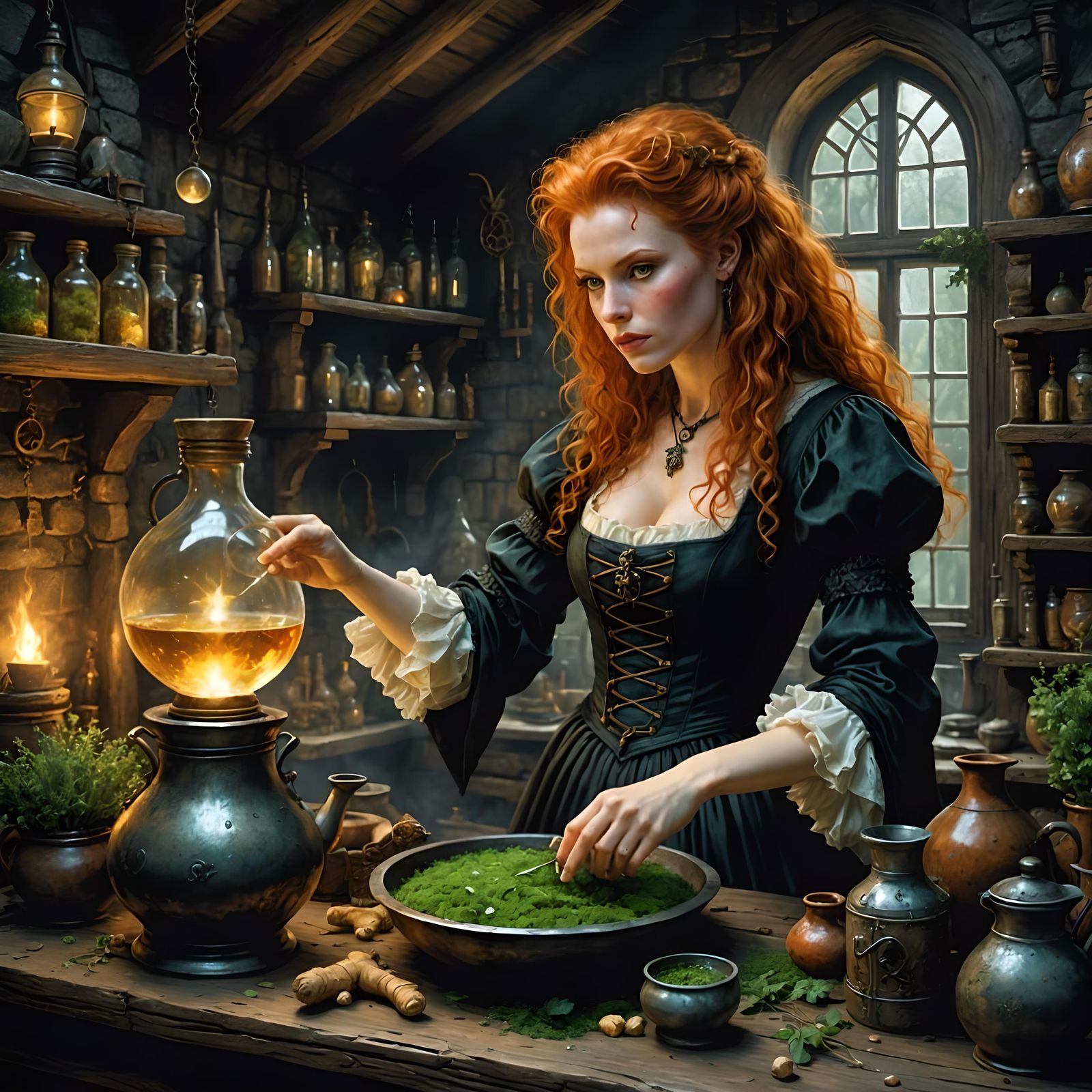 Ginger Witch Casting Magic in Cottage, Comic Book Style