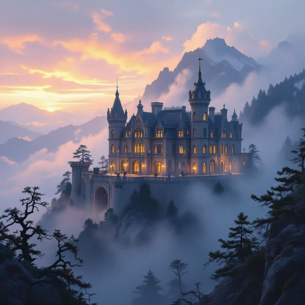Majestic Mansion at Dawn on Misty Mountain Peak