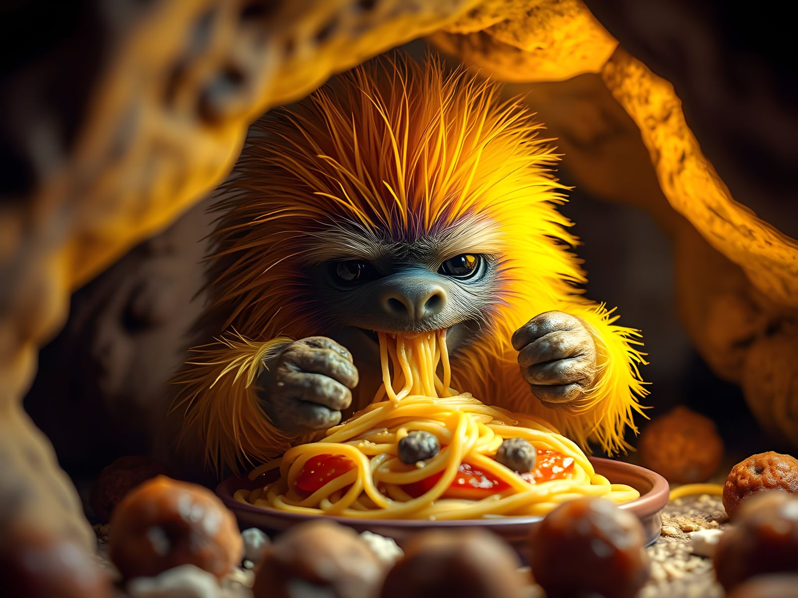 Whimsical Baby Yeti Savoring Spaghetti