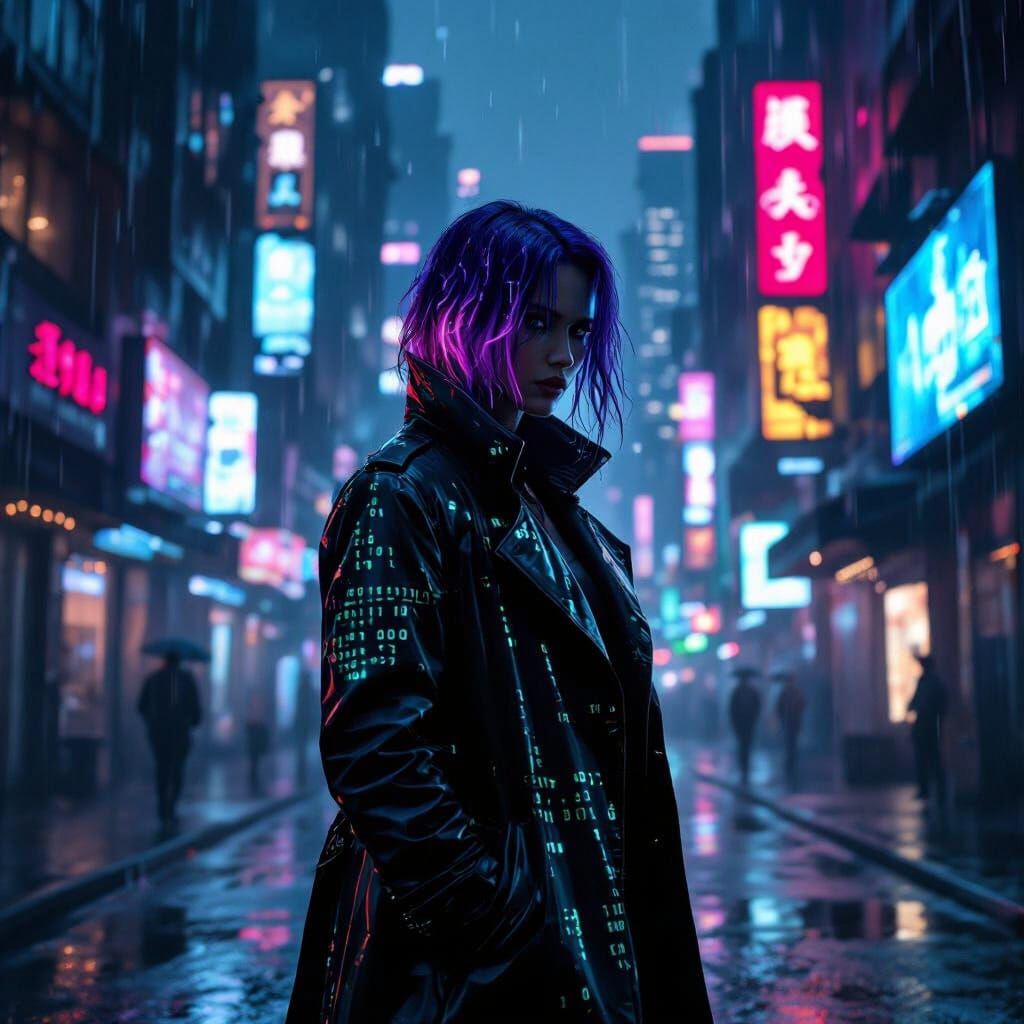 Cyberpunk Detective in Rain-Slicked Alleyway