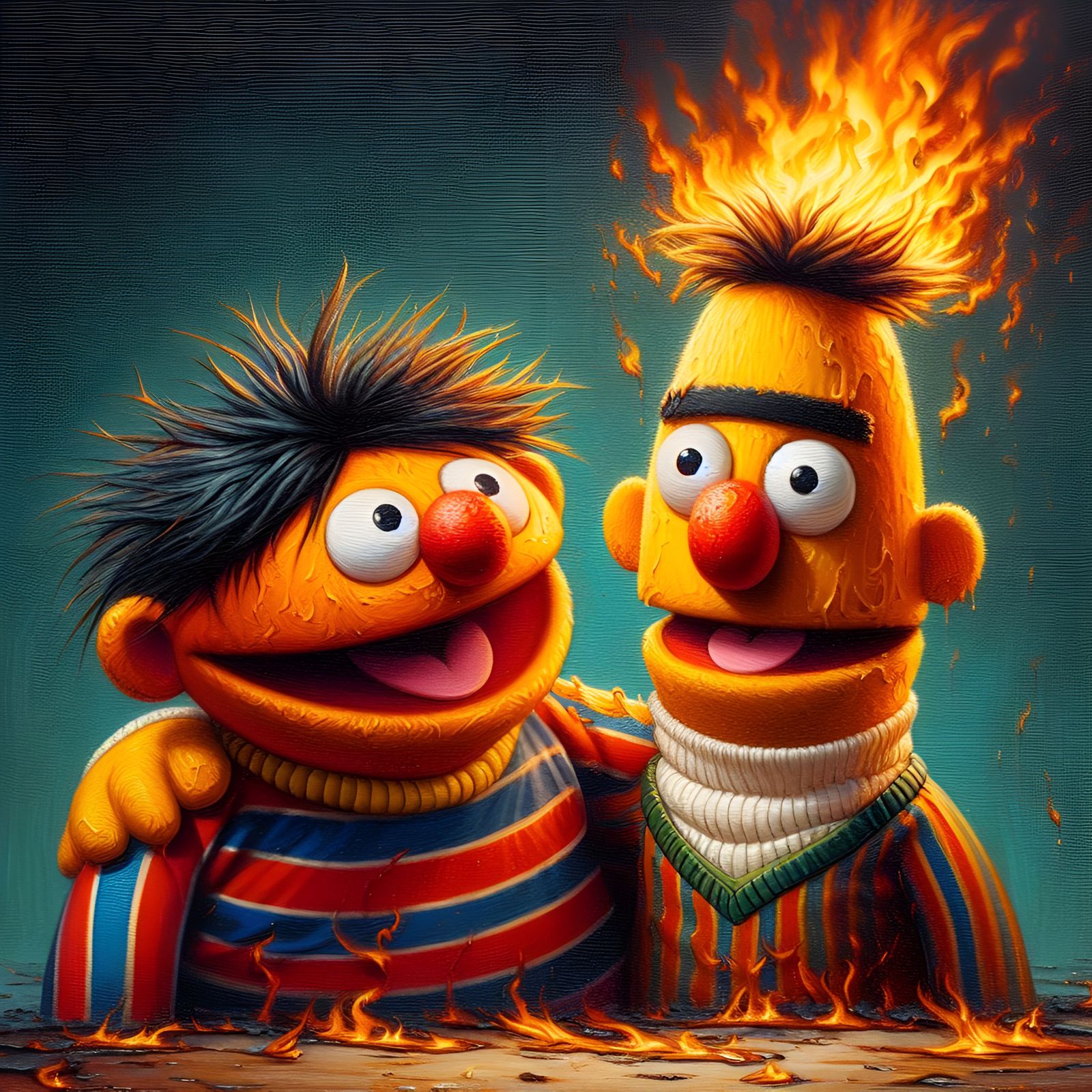 Burnt Bert and Ernie Oil Painting