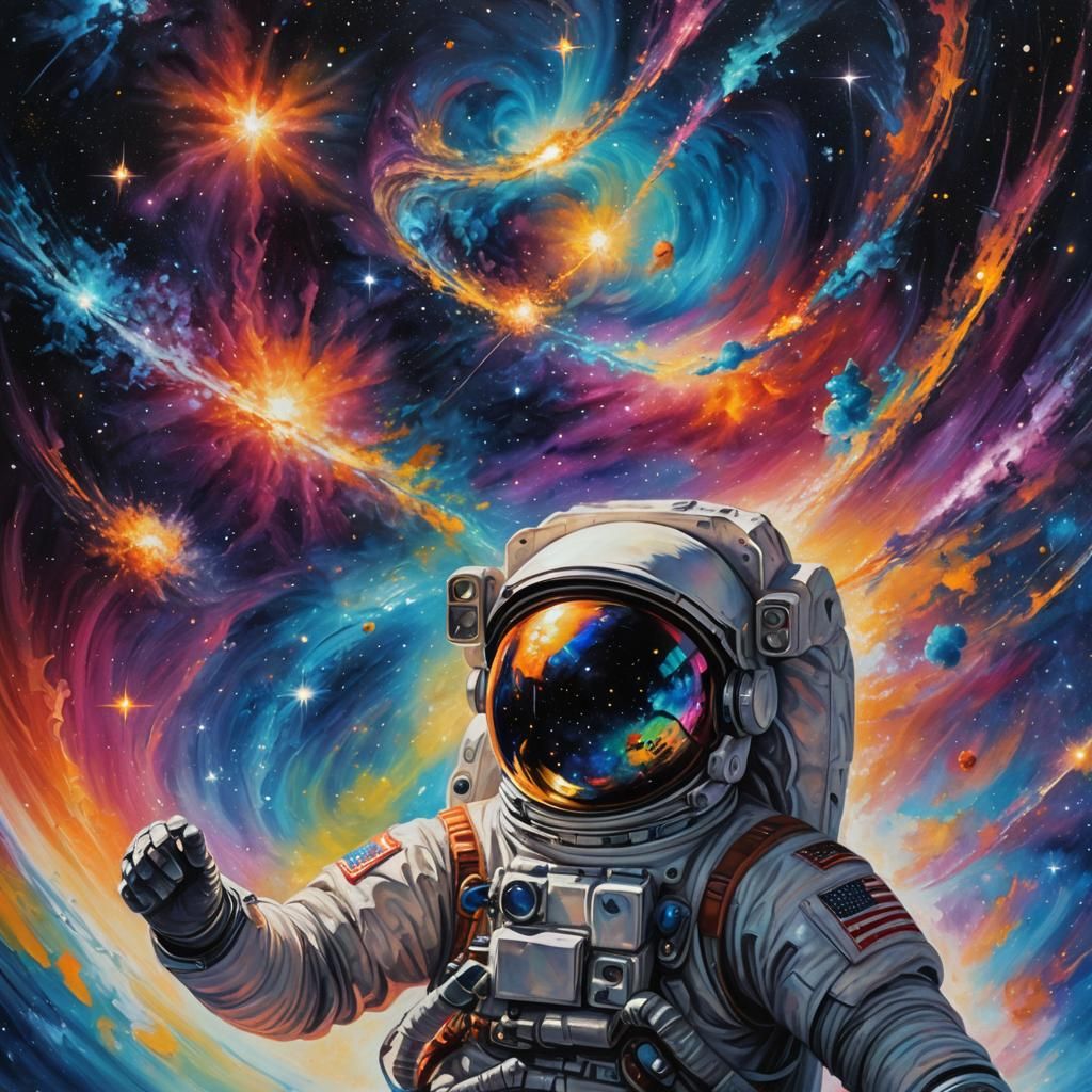 Astronaut Gazing at Galaxy in Dreamy Oil Painting