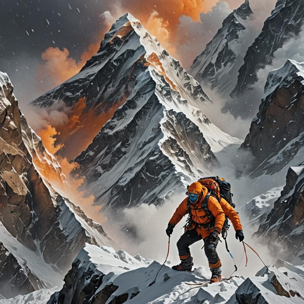 Everest Climber in Blizzard: Hyperrealistic Art Nouveau