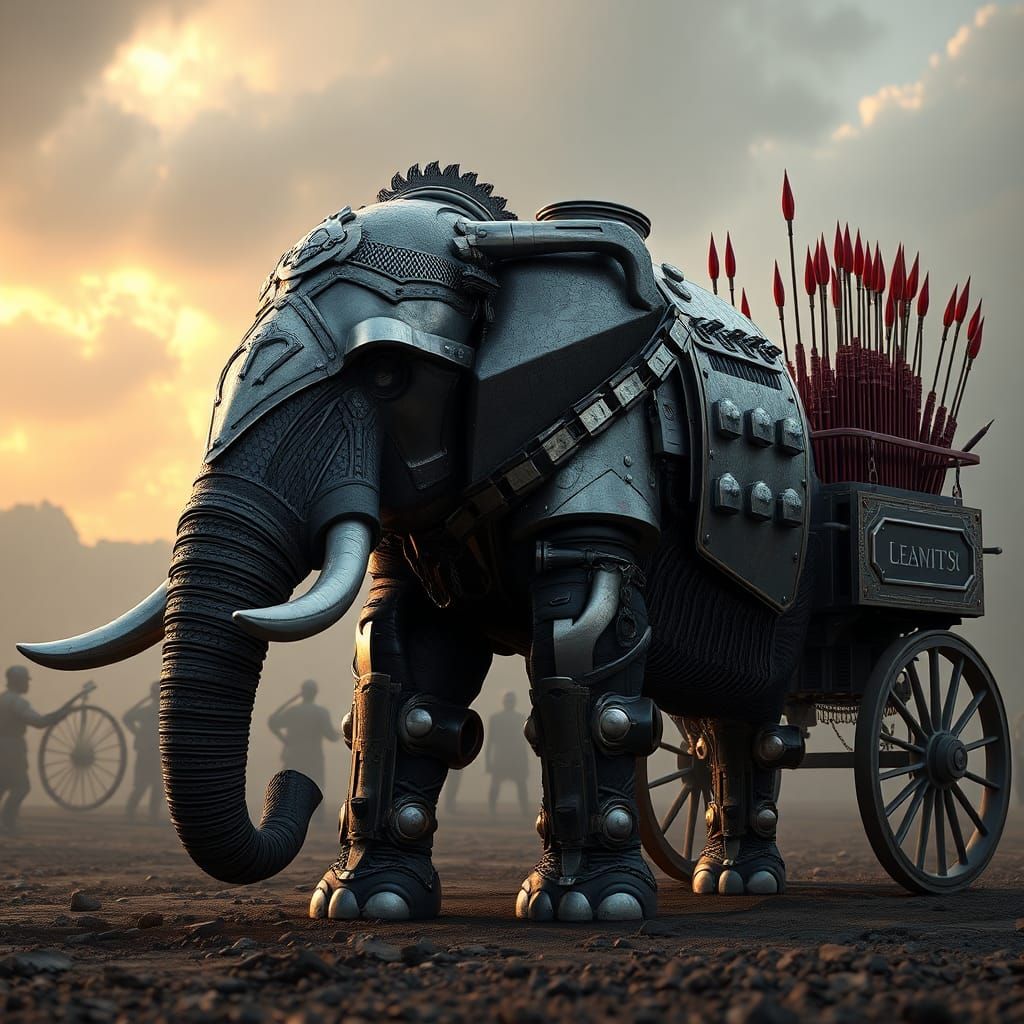 Armored Elephant Pulls Spear Chariot: 3D Render