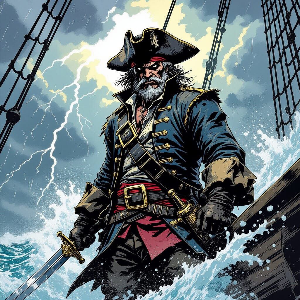 Grizzled Pirate Captain on Stormy Galleon Deck