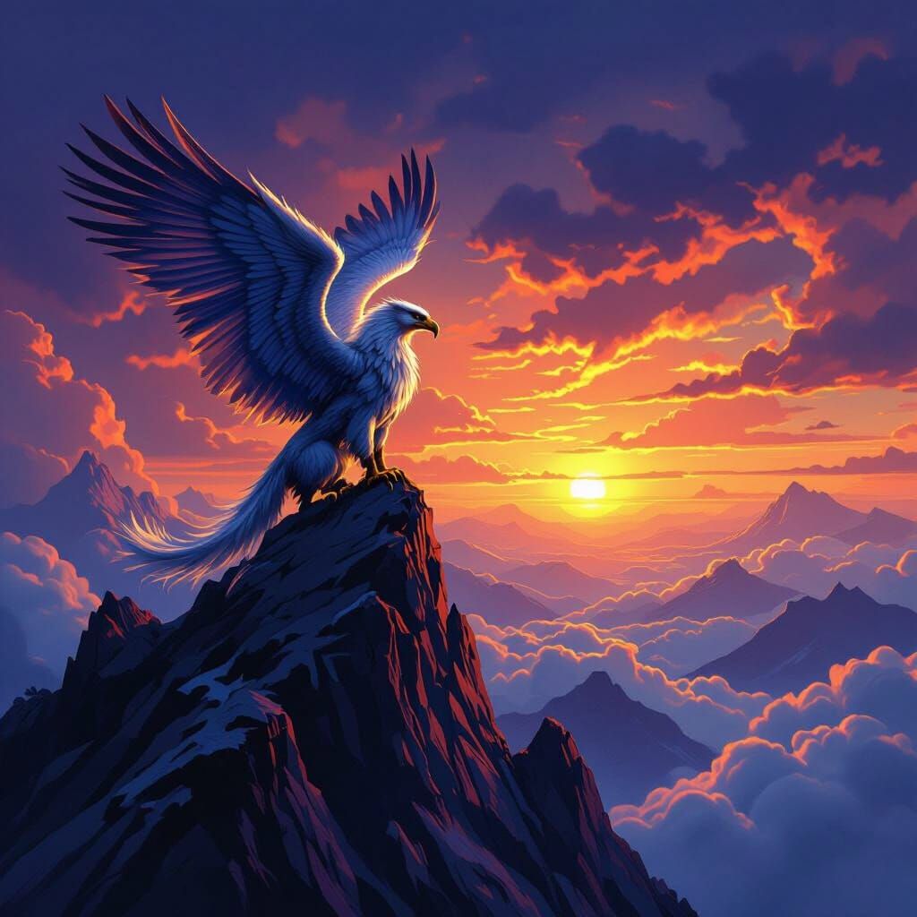 Majestic Griffin Surveys Fiery Sunset Valley