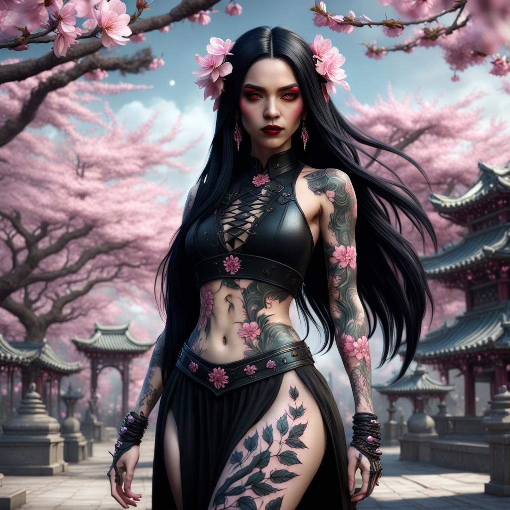 Goth Latina Girl with Cherry Blossom Tattoo