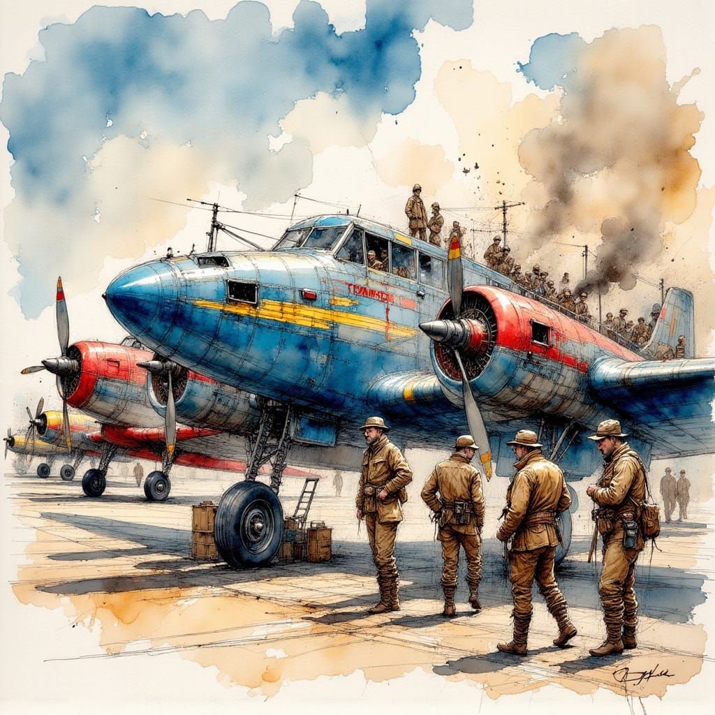 Vintage Air Race: DC-2 Planes in Ink Art Style