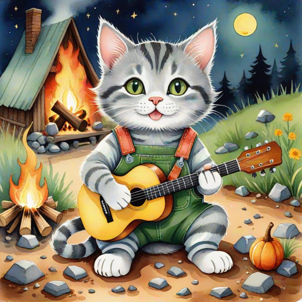 Vintage Whimsical Kitten Plays Guitar by Campfire