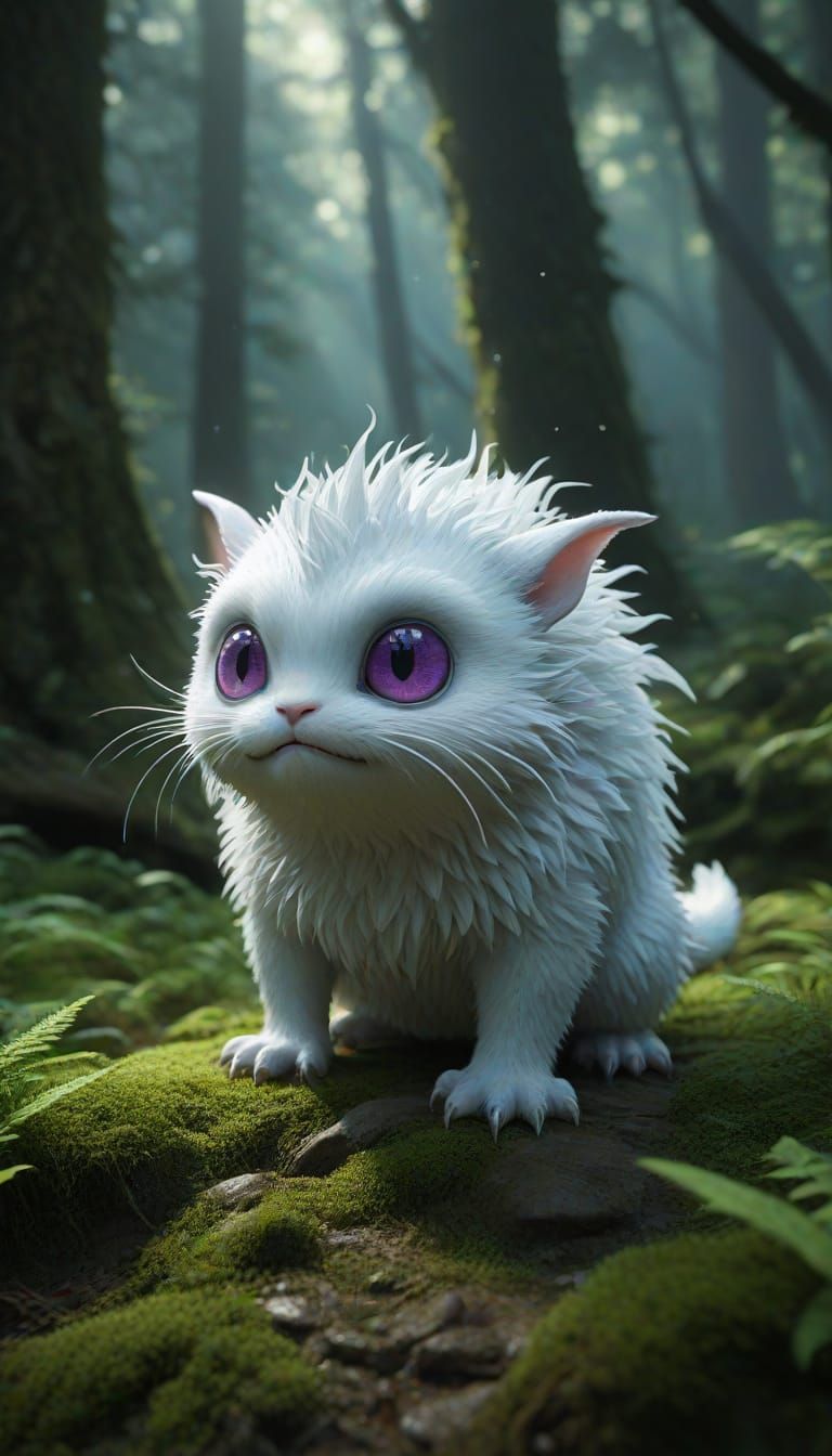 Fluffy Fantasy Creature with Bioluminescent Wings in Magical...