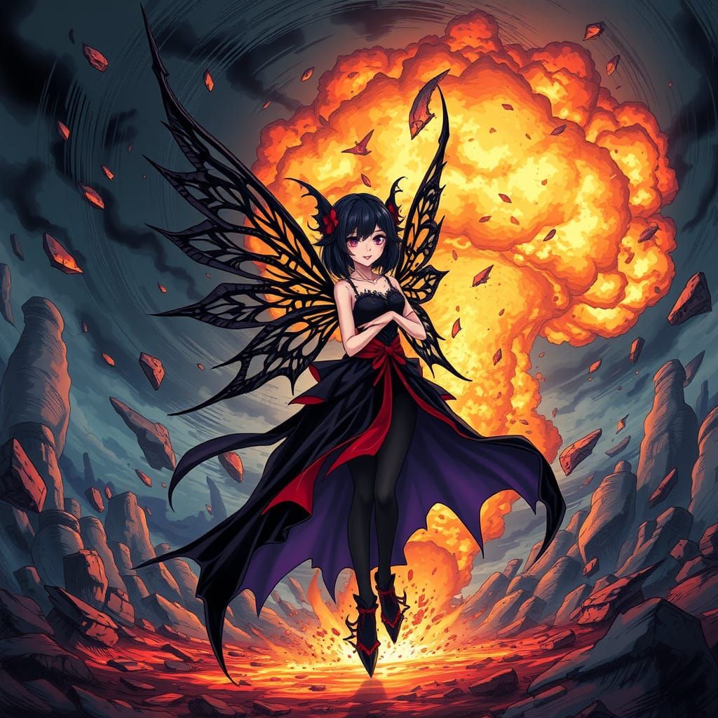 Mysterious Fairy Amidst Cataclysmic Explosion in Anime-Inspi...