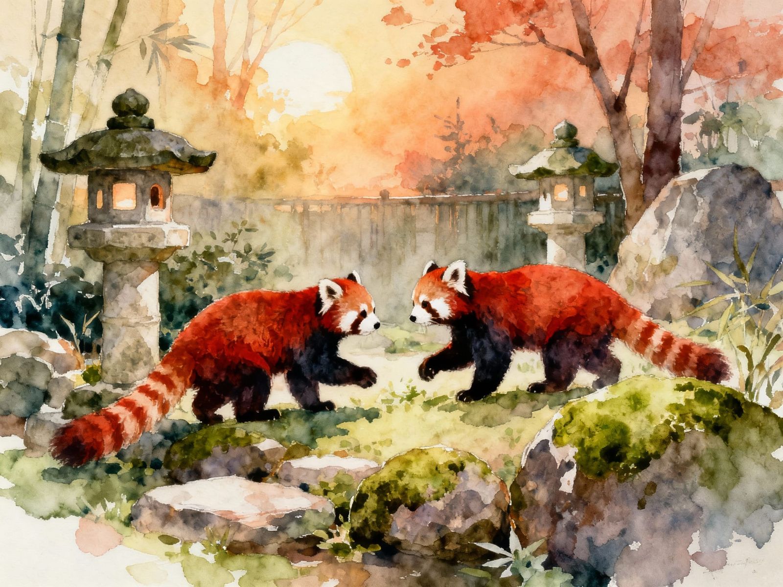 Two Red Pandas Play in a Japanese Garden