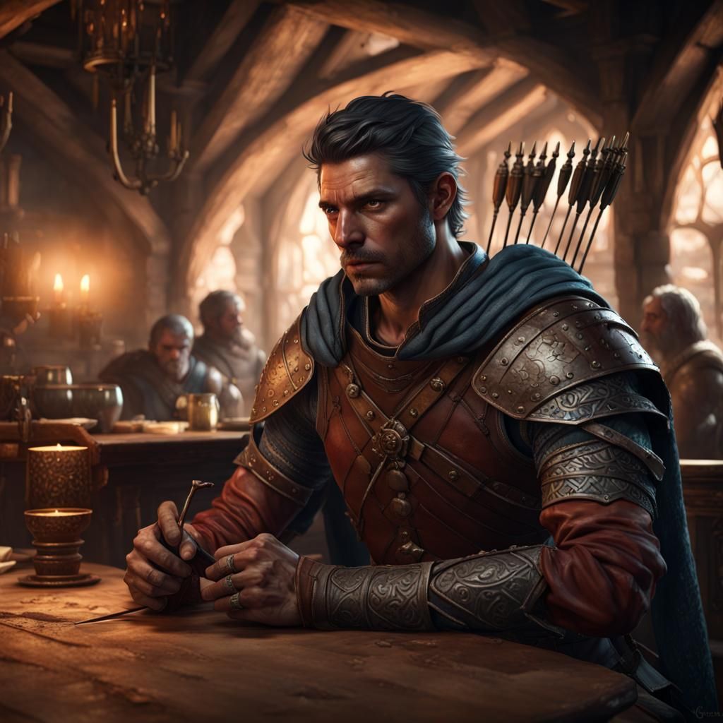 Indian Archer in Medieval Tavern, Dark Fantasy Art