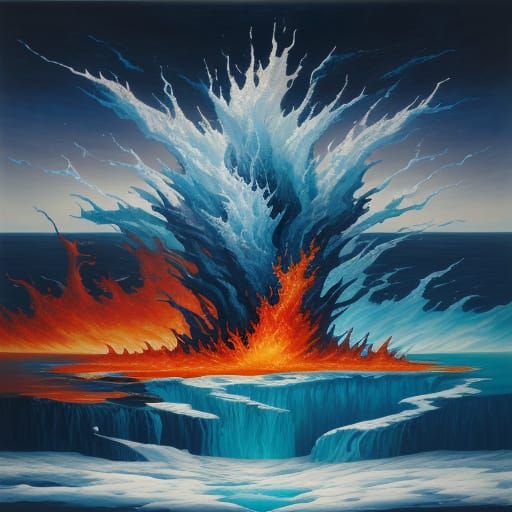 Surrealist Masterpiece: Elemental Forces of Fire, Water, Ice