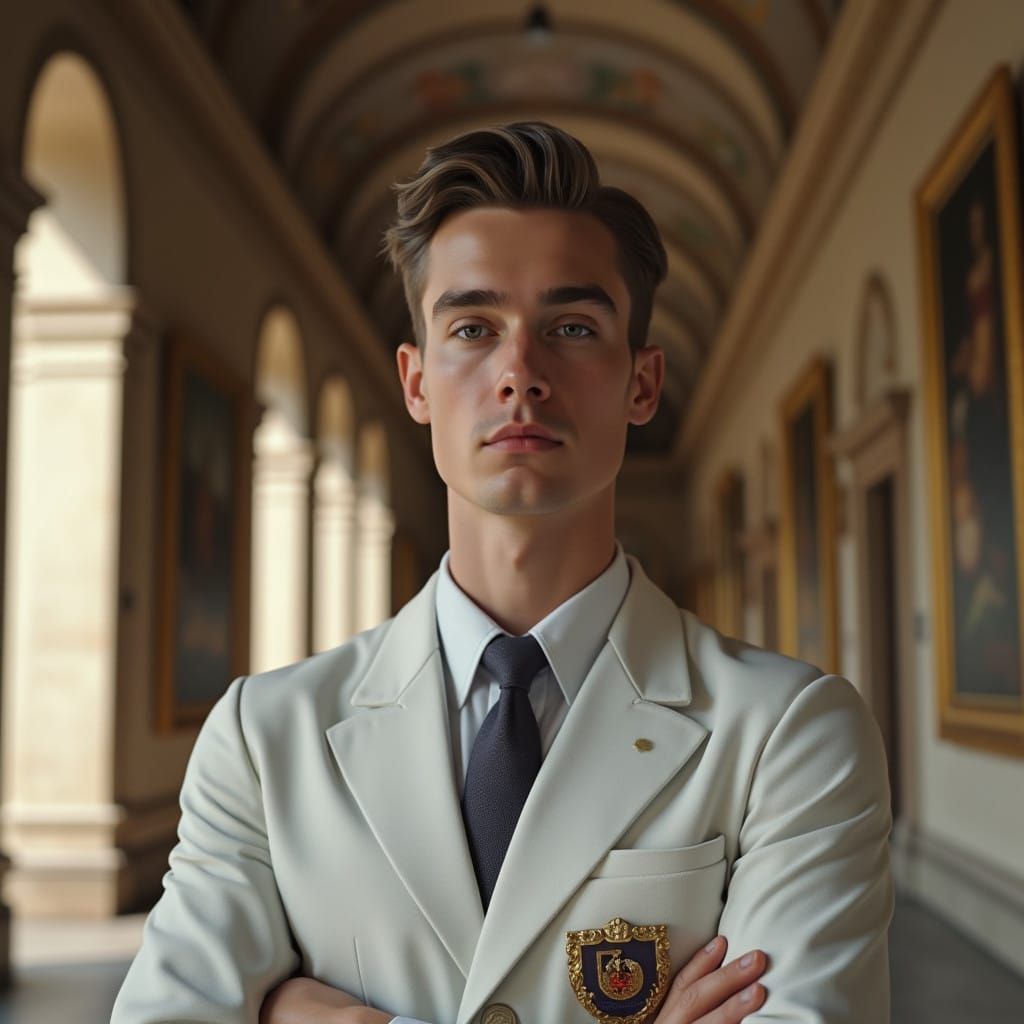 British Tour Guide in Grand Museum Hallway