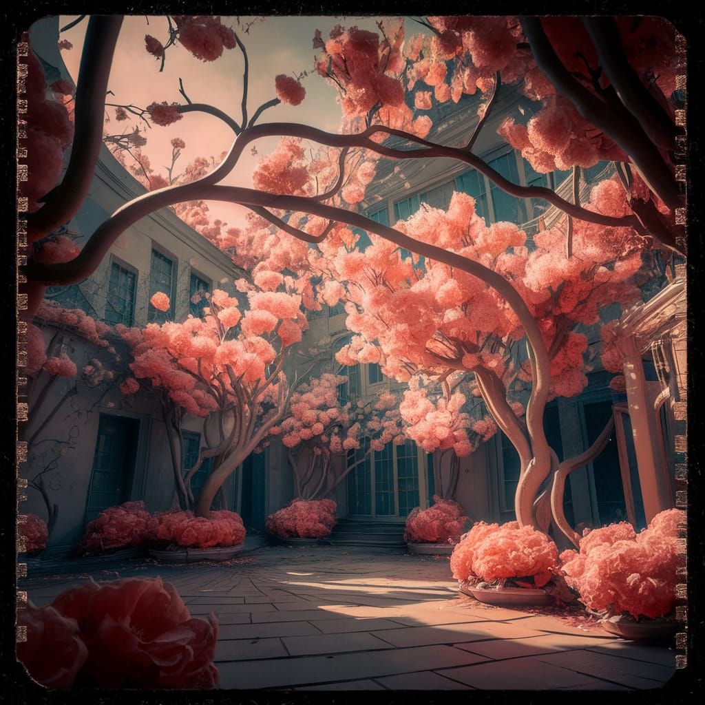 Stunning Retro Cherry Blossom Courtyard Scene