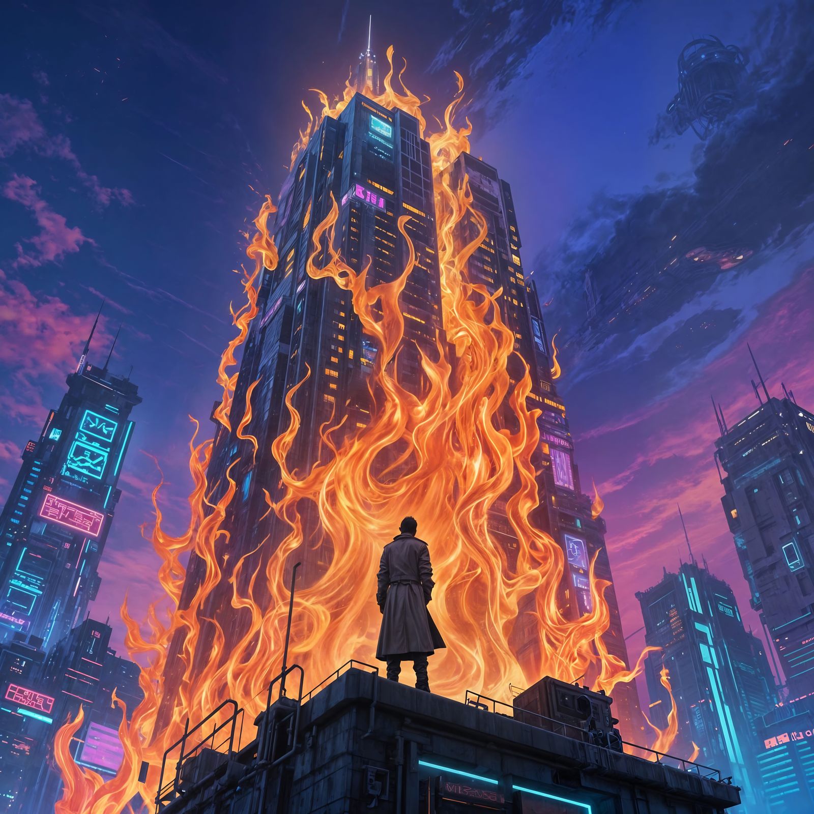 Futuristic Fire Tower in Cyberpunk Cityscape