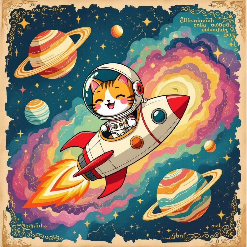 Happy Astronaut Cat in Vintage Cosmic Illustration
