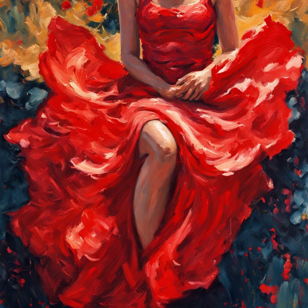 Impasto Woman in Red Dress with Gouache Style