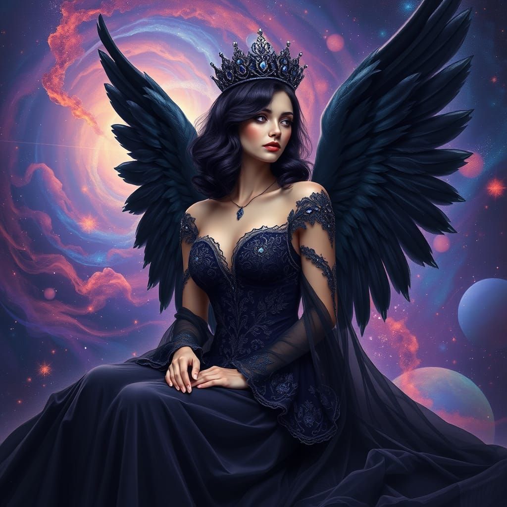 Galactic Queen with Angelic Wings in Dark Purple Hues